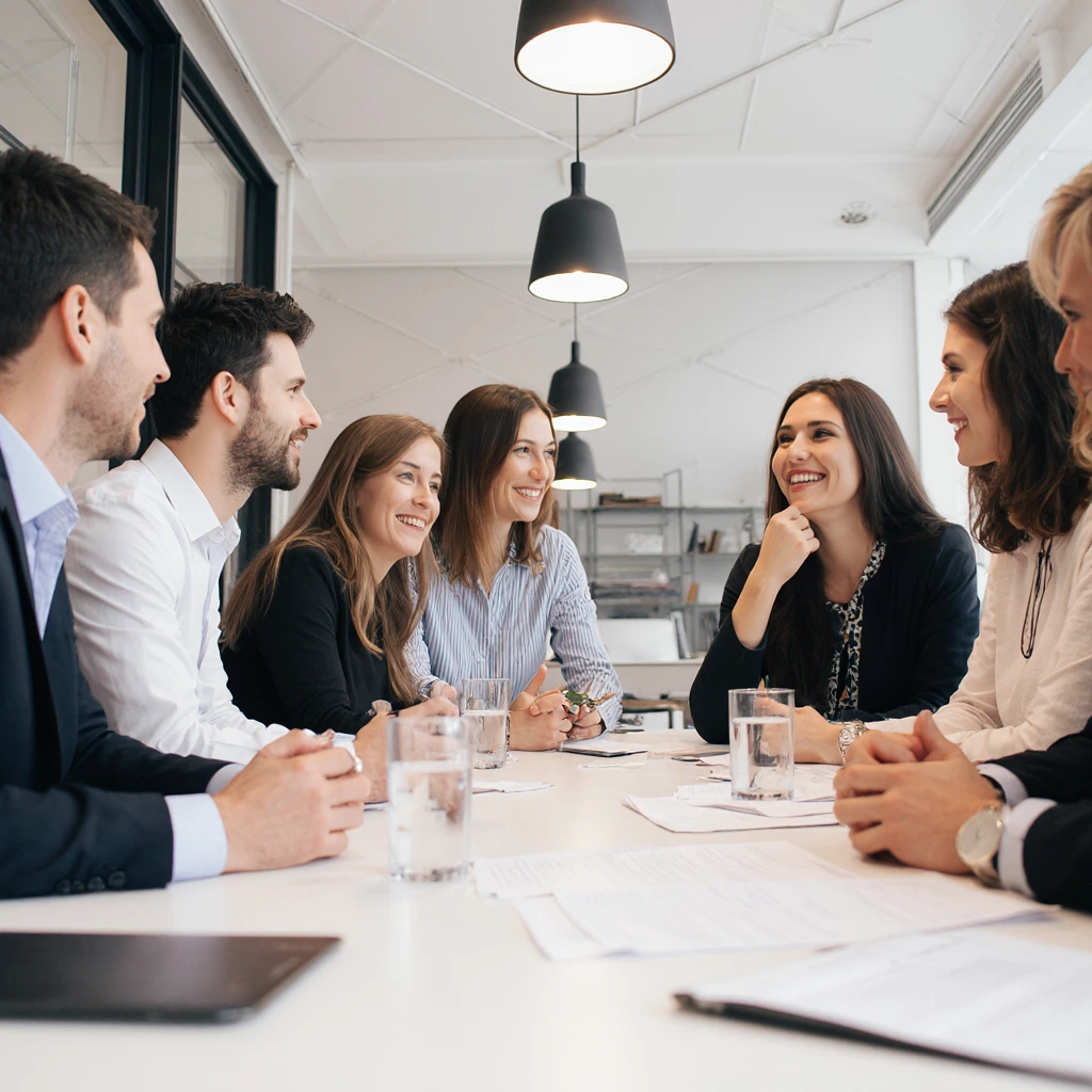Professional team meeting in modern office, smiling colleagues discussing business plans and strategies around a conference table.